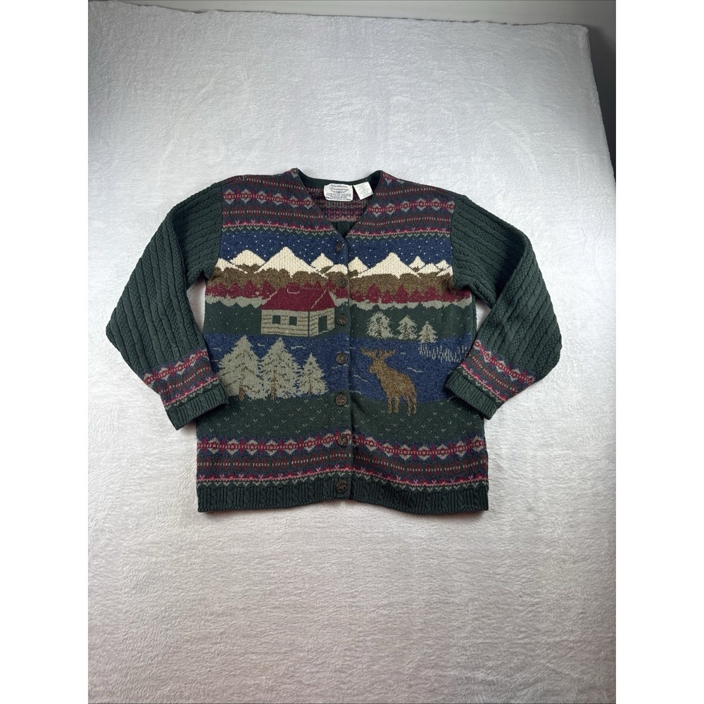 Vintage Northern Reflections Cardigan Sweater Elk Cabin Cottage Granny Sz M
